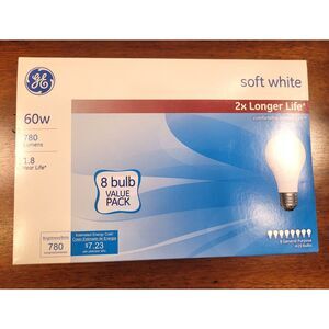 GE NOT LED 60 W Watt 8 Pack 2x Longer Life Soft White Light Bulbs A 19 Old Style